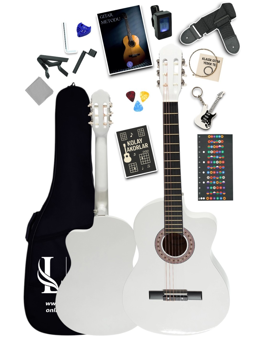 CG-3901WH Klasik Gitar 4/4 Sap Ayarlı Kesik Kasa Full Set