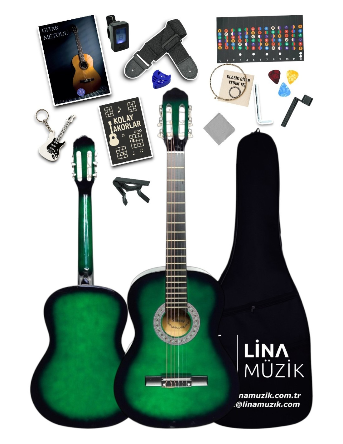 CG-3602GRB Klasik Gitar 3/4 – Sap Ayarlı Full Set (Yeşil Siyah)